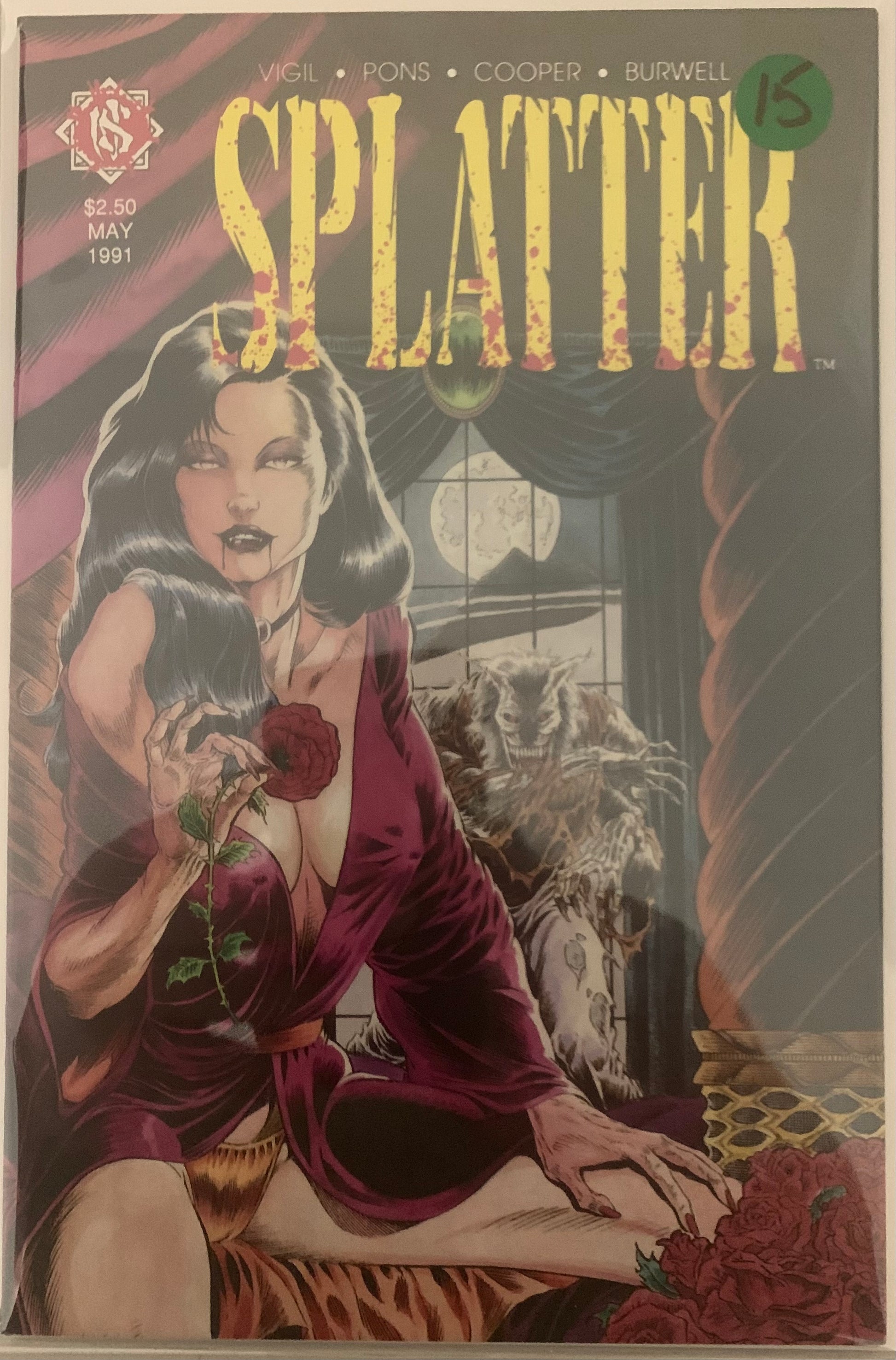Comic book cover titled 'Splatter' featuring a woman in a red dress and an ominous creature approaching from behind with a dark, eerie background.