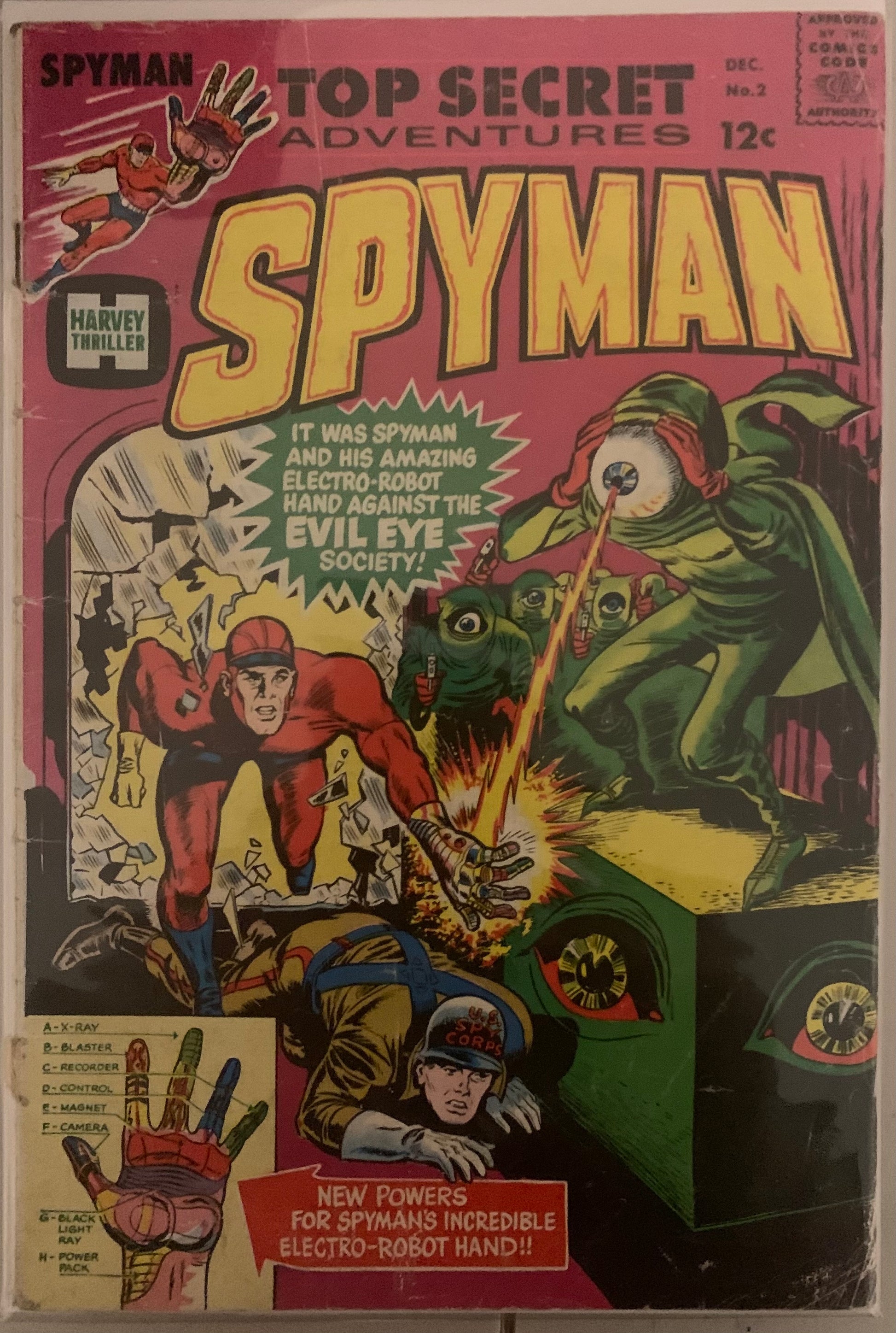 Vintage Comic book cover of 'Spyman' with new electro-robot hand, superhero and villain illustration