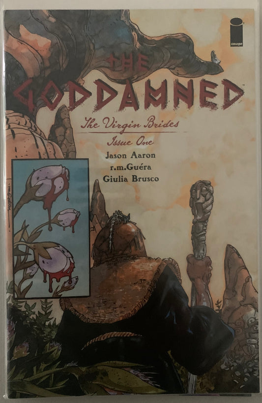 Comic book cover titled 'The Goddamned: The Virgin Brides' with a traveler with a staff and flowers with blood dripping off of them.