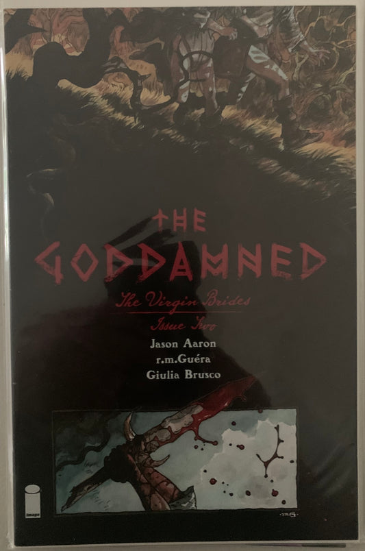 Book cover of 'The Goddamned' with a male and female characters' running legs aft they are escaping something with dark tones.