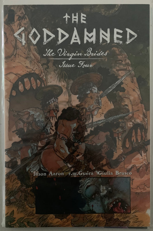 Comic book cover titled 'The Goddamned: The Virgin Brides' Issue Four with warriors with spears ready for battle.