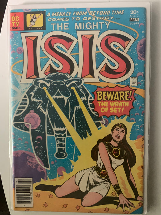 Vintage Comic book cover featuring 'The Mighty Isis' with a character and text on a colorful background.