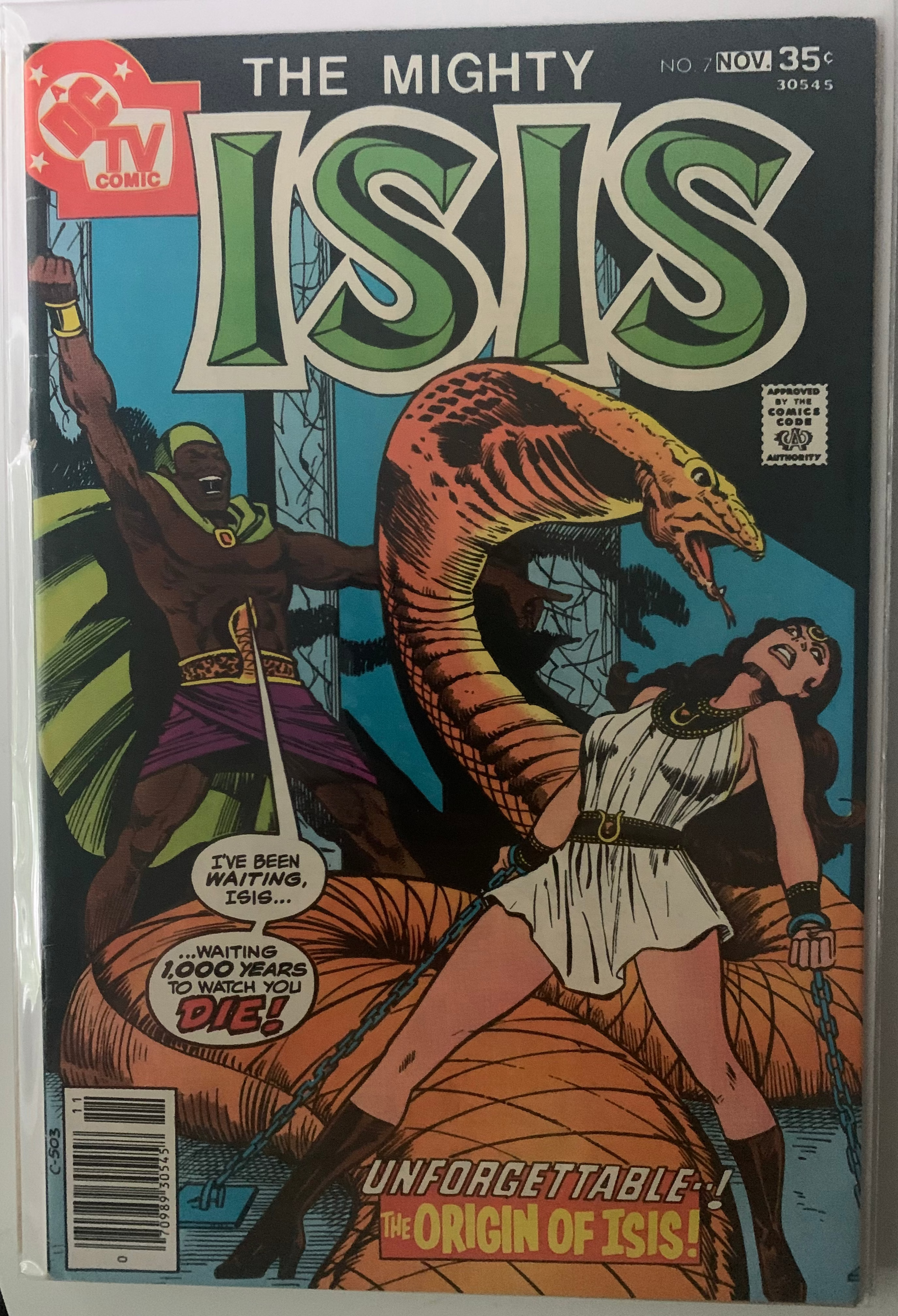 Comic book cover titled 'The Mighty Isis' with a snake and warrior illustration.