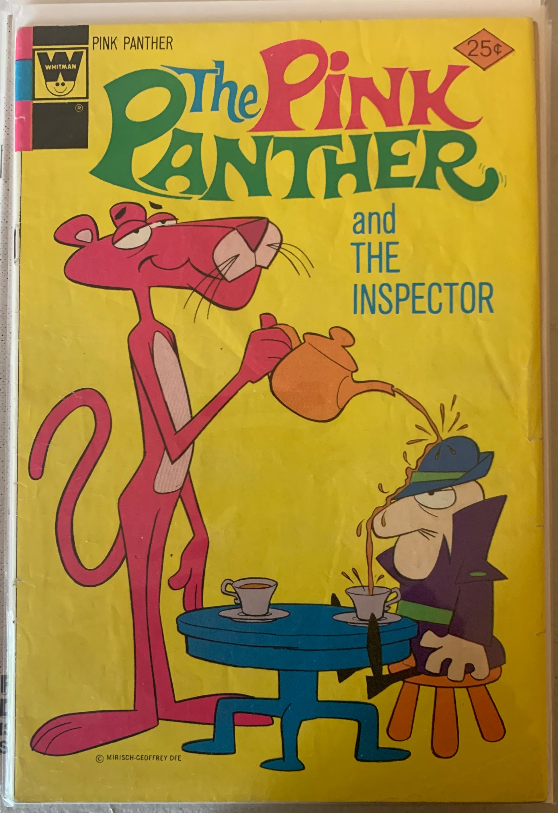 Vintage comic book cover featuring the Pink Panther and the Inspector with a yellow background.