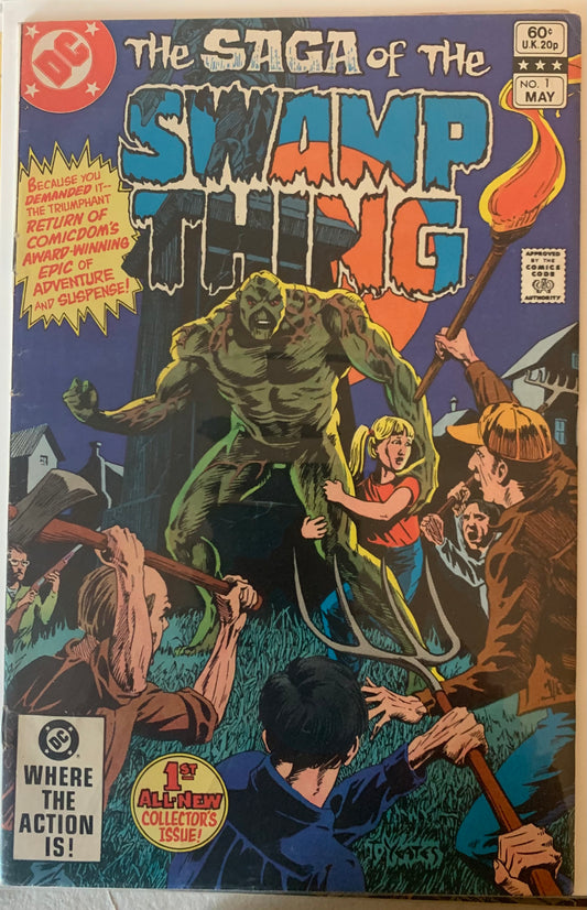 Comic book cover of 'The Saga of the Swamp Thing' featuring a green creature with a child and hunters.