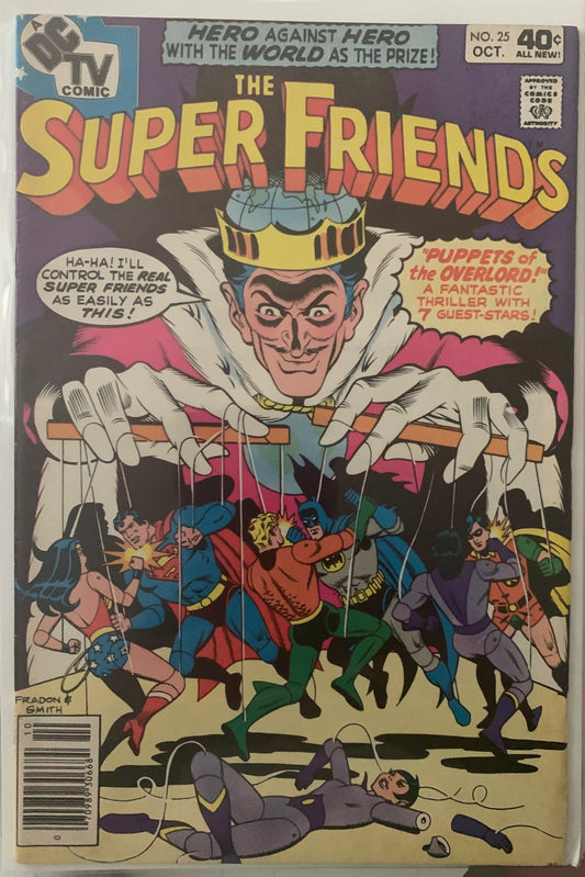 Comic book cover of 'Super Friends' featuring a villain controlling puppets.
