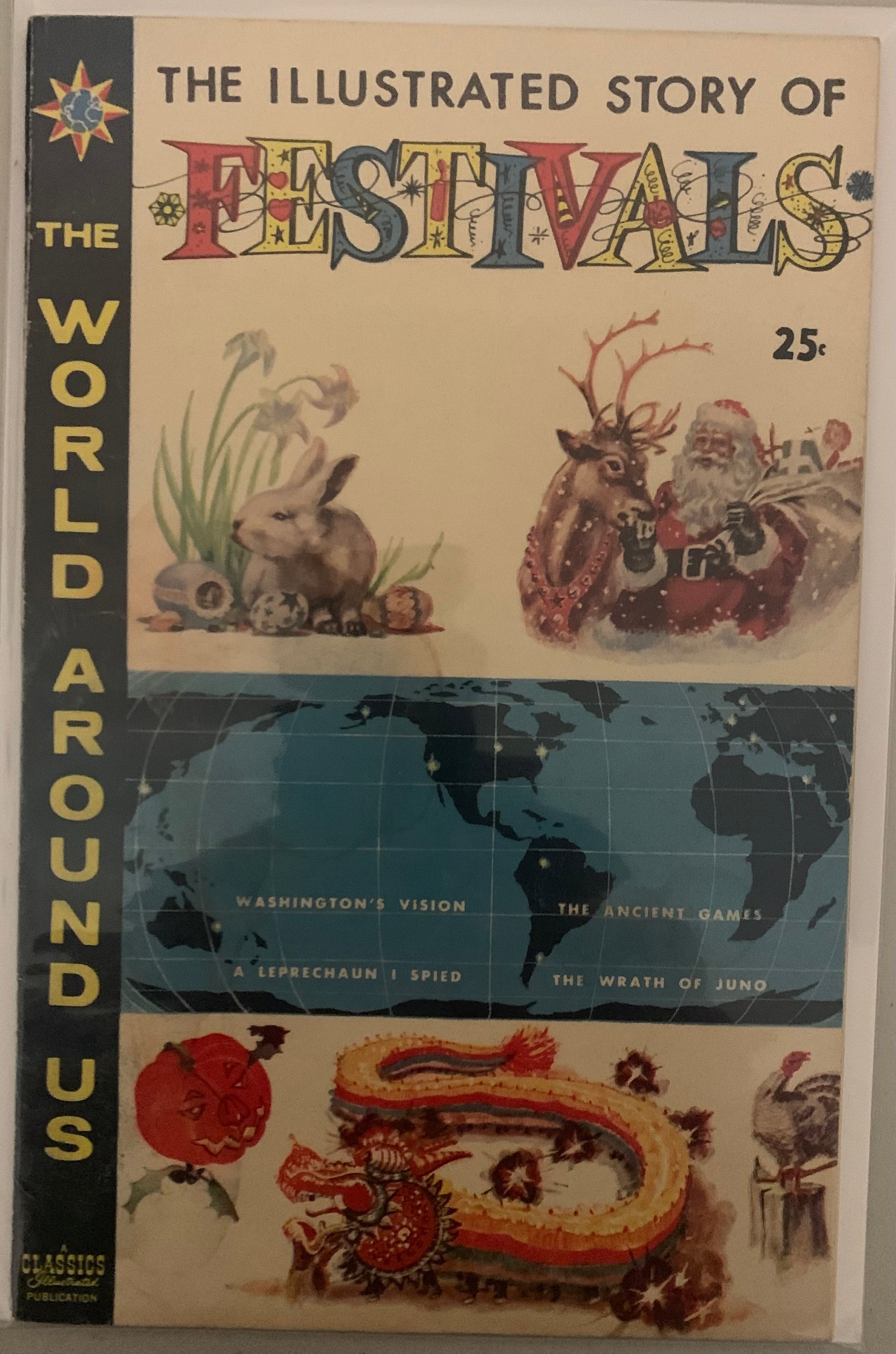 Vintage Comic Book cover of 'The Illustrated Story of Festivals' with world map and festival illustrations.