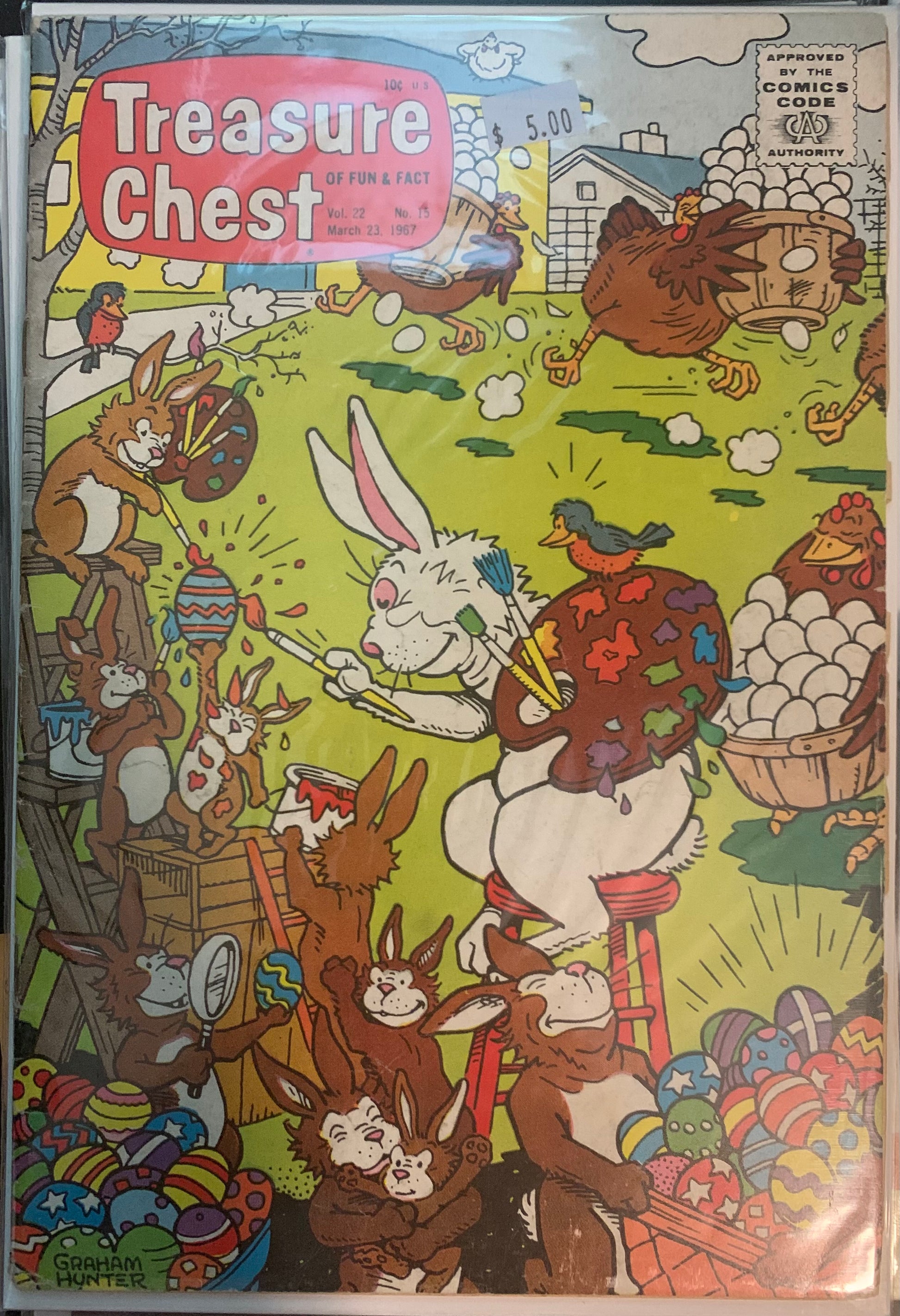 Vintage Comic book cover titled 'Treasure Chest' with Easter-themed illustrations of animals and eggs.