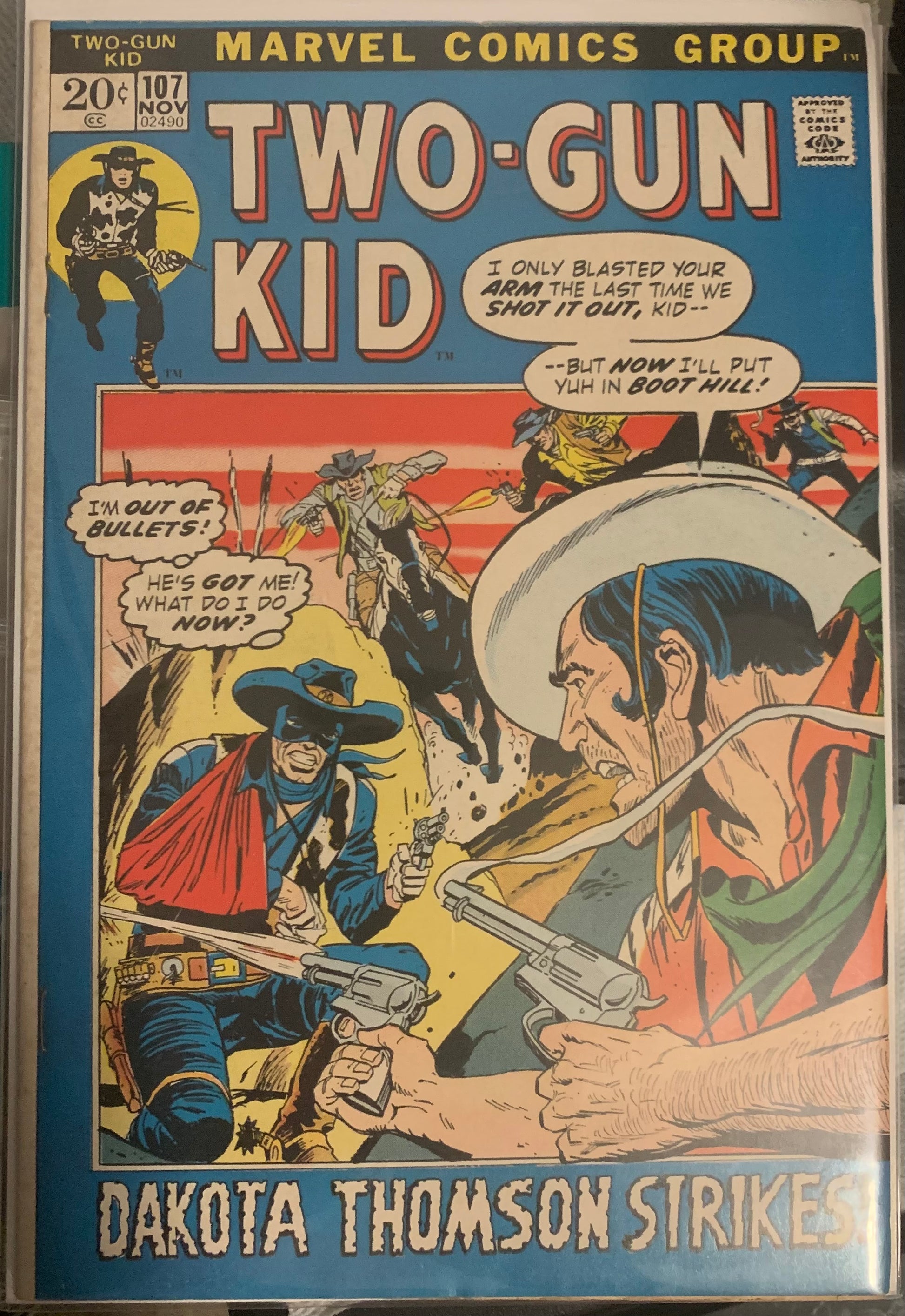 Vintage Comic book cover featuring 'Two-Gun Kid' with a cowboy and gunfight scene. Dakota Thompson Strikes!