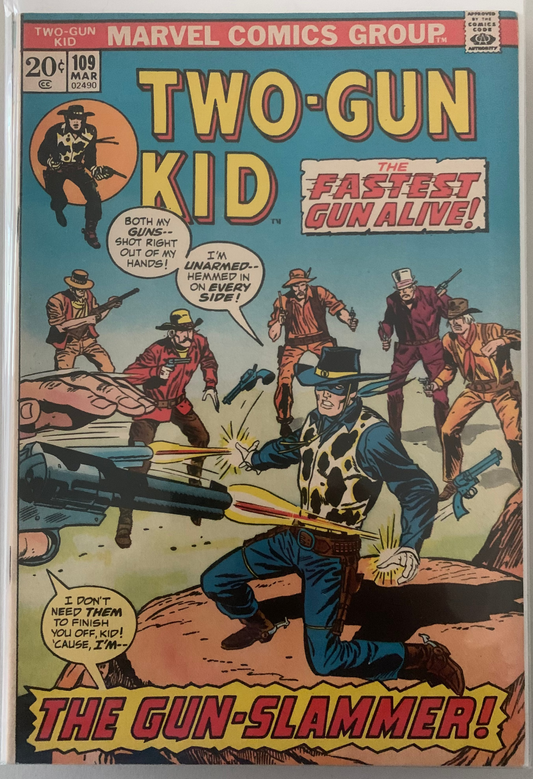 Comic book cover featuring 'Two-Gun Kid' with action-packed scene and text. The Gun-Slammer!