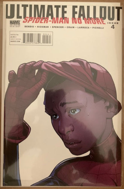 Comic book cover featuring Miles Morales in a spider-man suit with a white background