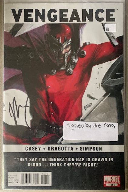 Signed Comic book cover titled 'Vengeance' with a signature on a beige background