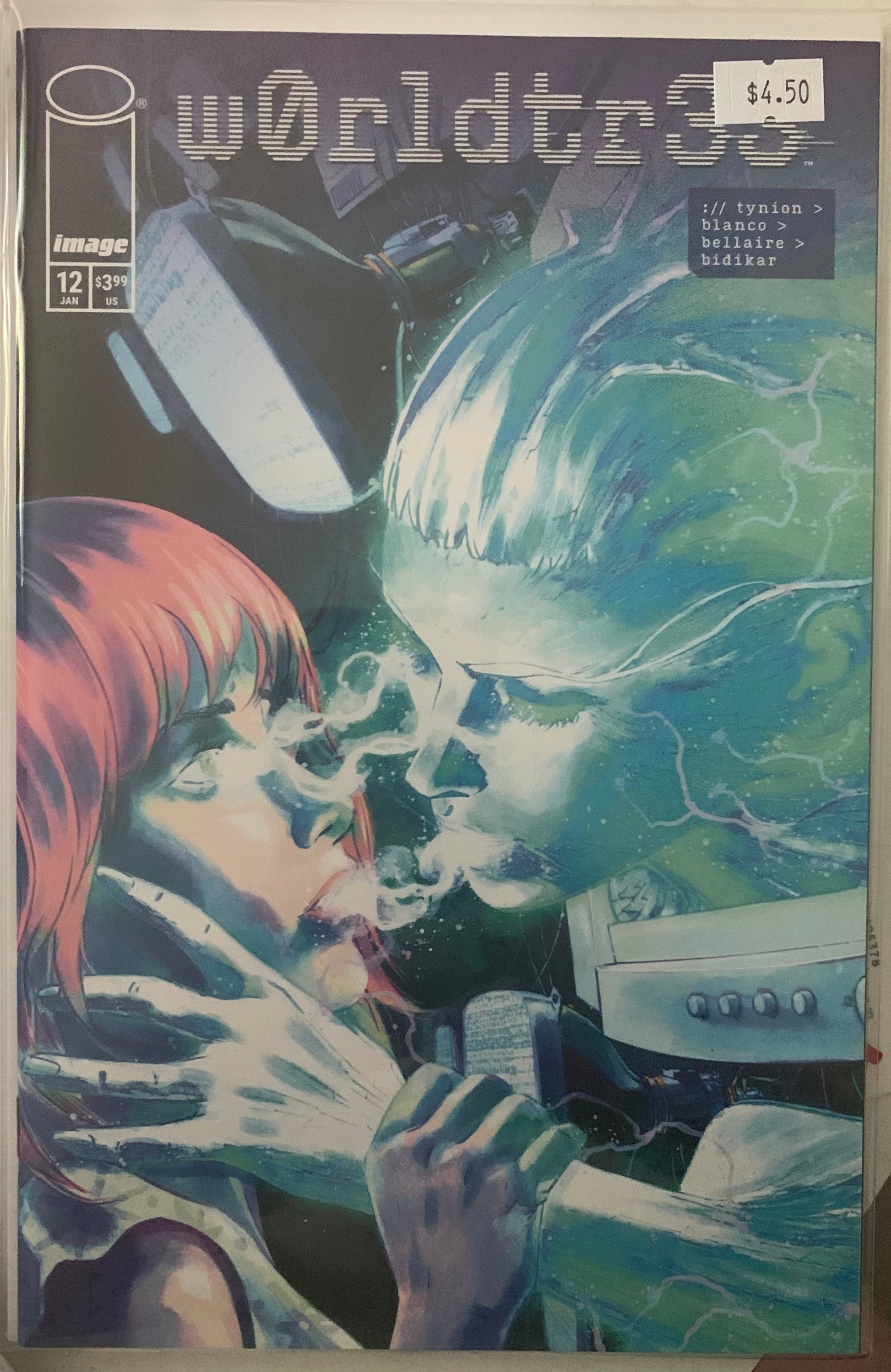Comic book cover with a futuristic scene featuring a phantom-like creature attacking a woman from a computer screen.