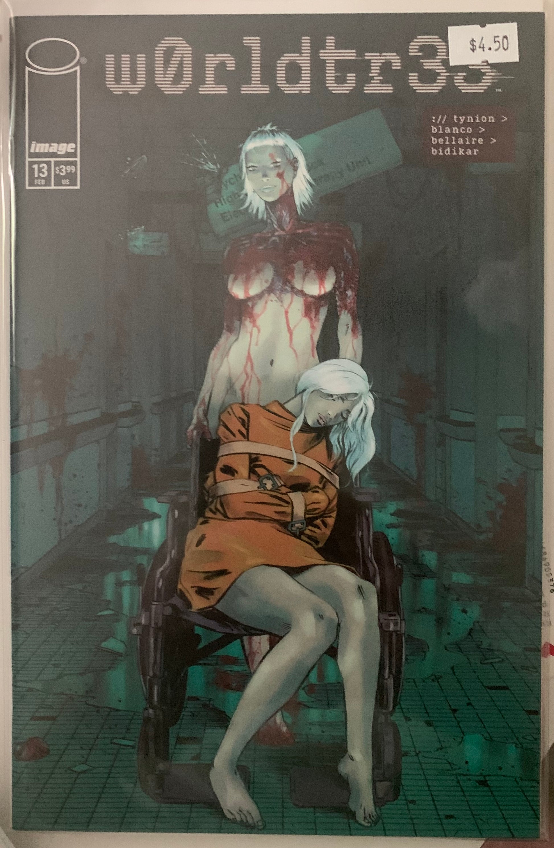 Comic book cover with an unconscious woman without pants on in a wheelchair and a straight jacket with a nude figure standing behind her in a bloody hospital hallway.