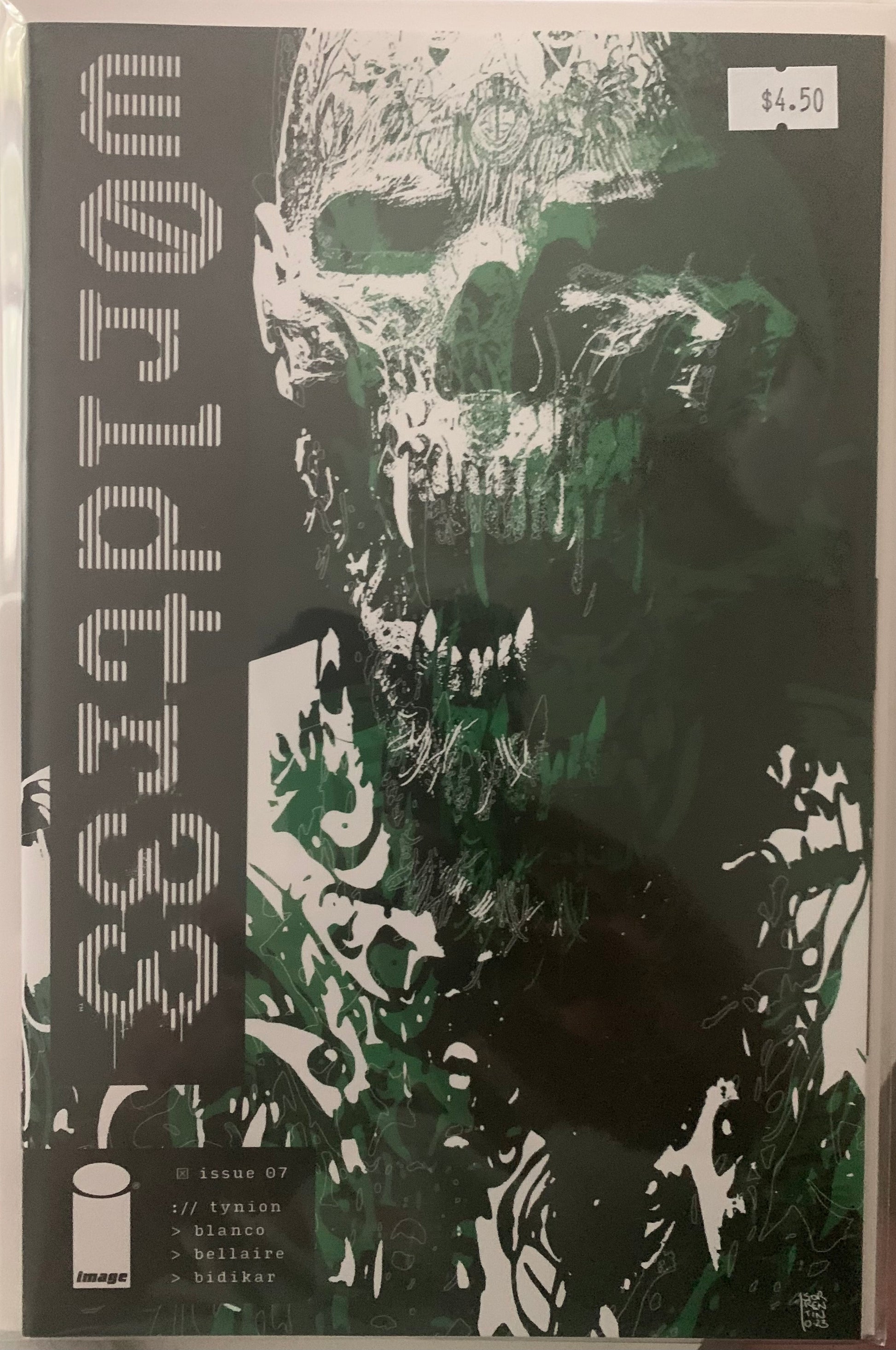 Comic book cover with a skull design and text on a dark background