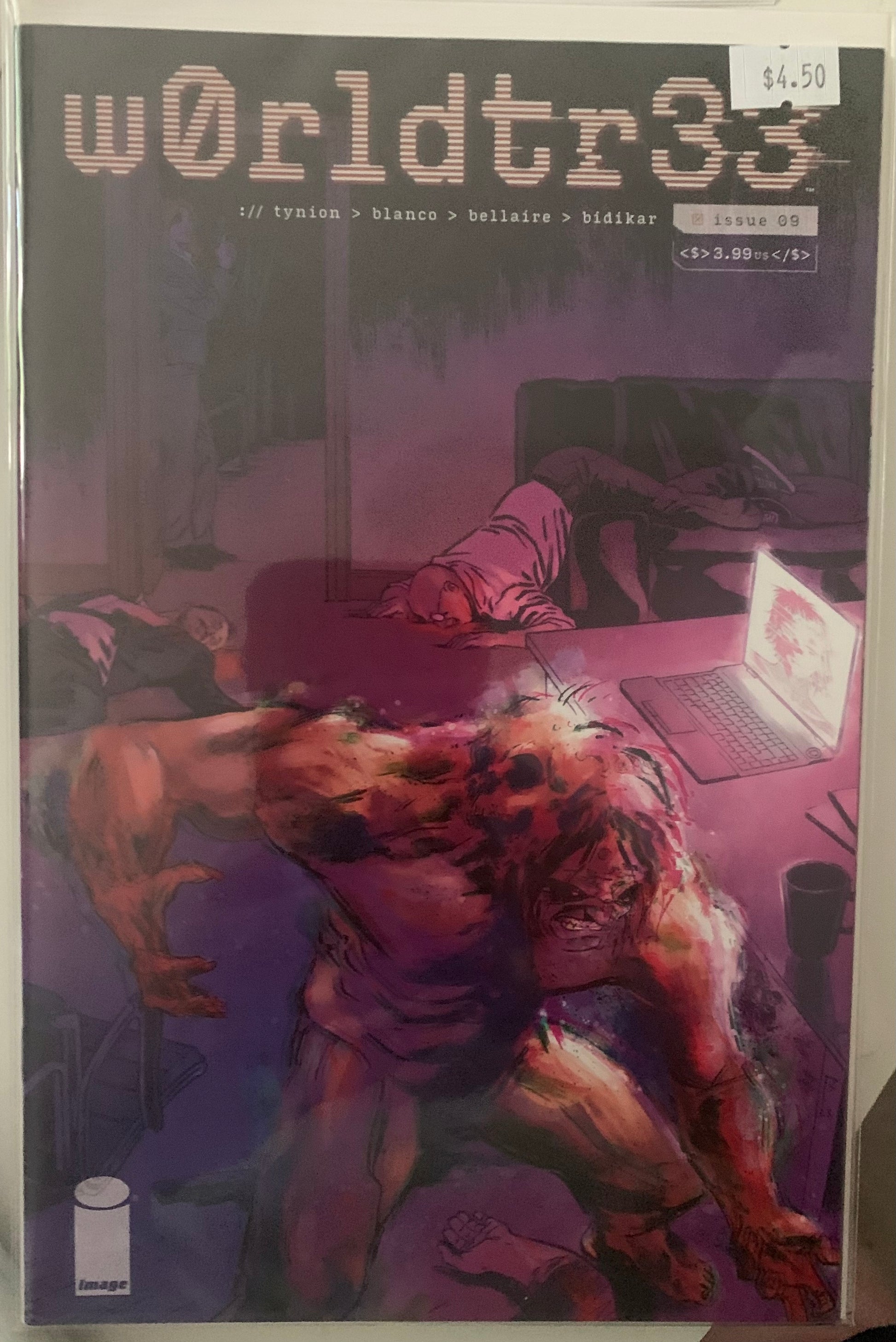 Comic book cover with a creature raging in a room with unconscious people lying in the background.