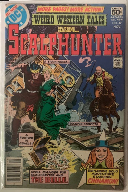 Comic book cover featuring 'Scalphunter' with action-packed illustration. Starring Cinnamon! Escaped Convicts... A Fortune in Jewels!
