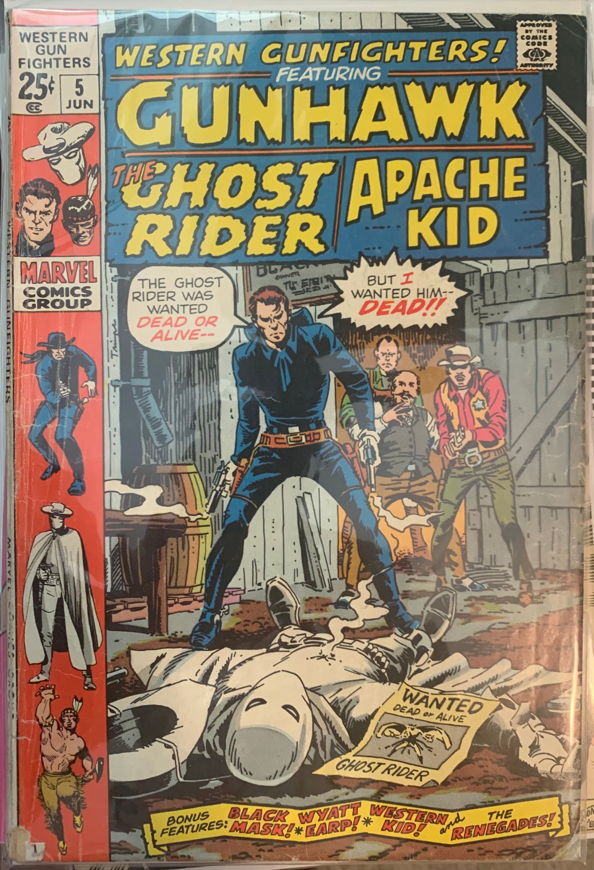 Vintage Comic book cover featuring 'Gunhawk, The Ghost Rider', Apache Kid, Black Mask, Wyatt Earp, Western Kid and The Renegades with a cowboy theme.