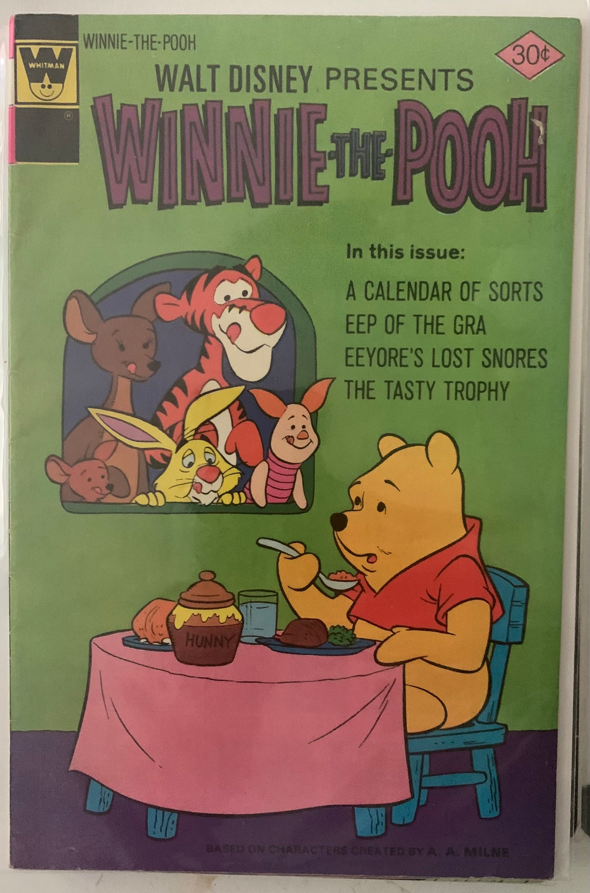 Vintage Winnie the Pooh comic book cover with characters looking through a window., A calendar of sorts. Eep of the Gra. EEyore's lost snores. The Tasty Trophy.