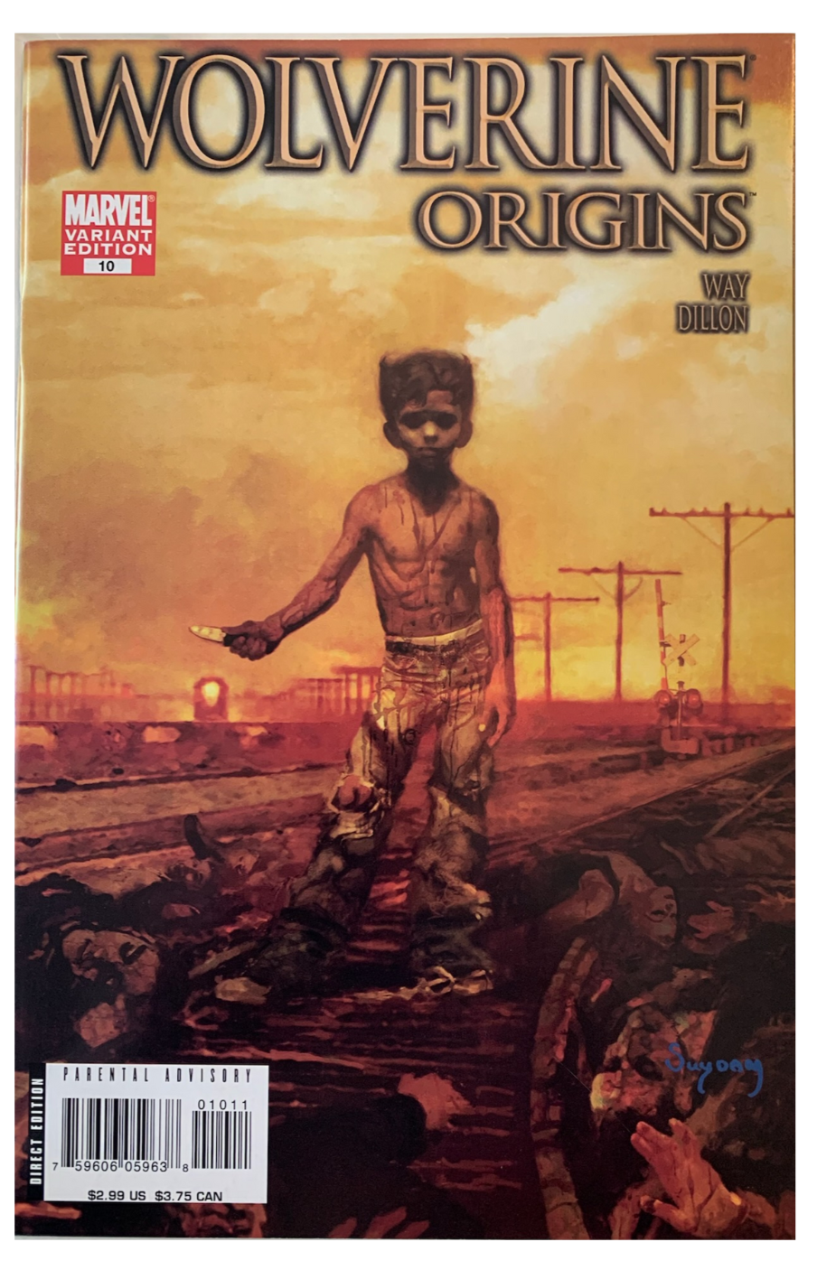 Cover of Wolverine: Origins number 10 comic book featuring Dakenin a desert-like setting with a post-apocalyptic atmosphere.
