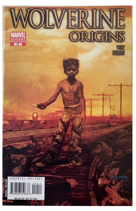 Cover of Wolverine: Origins number 10 comic book featuring Dakenin a desert-like setting with a post-apocalyptic atmosphere.