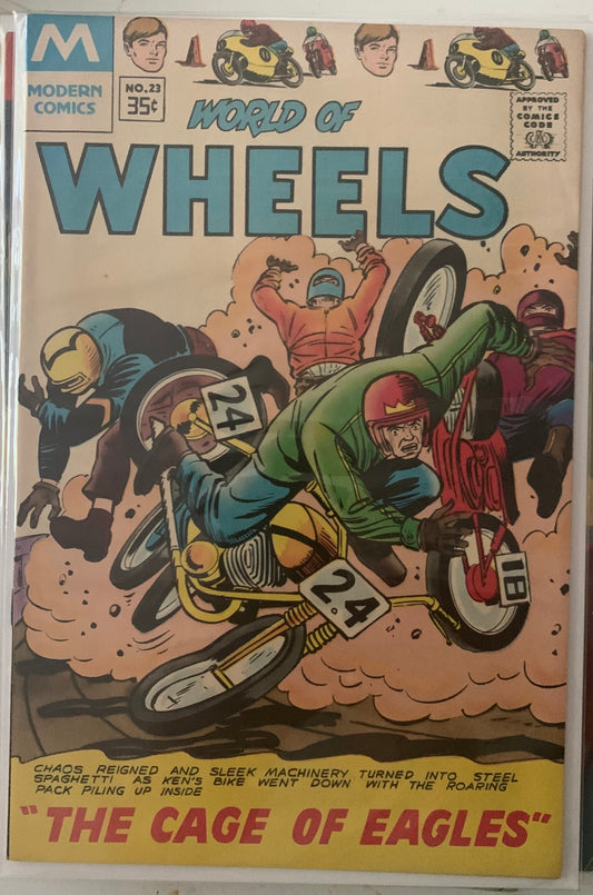 Vintage Comic book cover titled 'World of Wheels' with motorcycle crash action scene