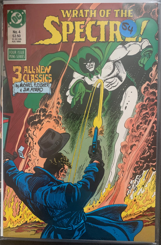 Vintage Comic book cover featuring 'Wrath of the Spectre' with a character in a blue suit and hat holding a weapon.