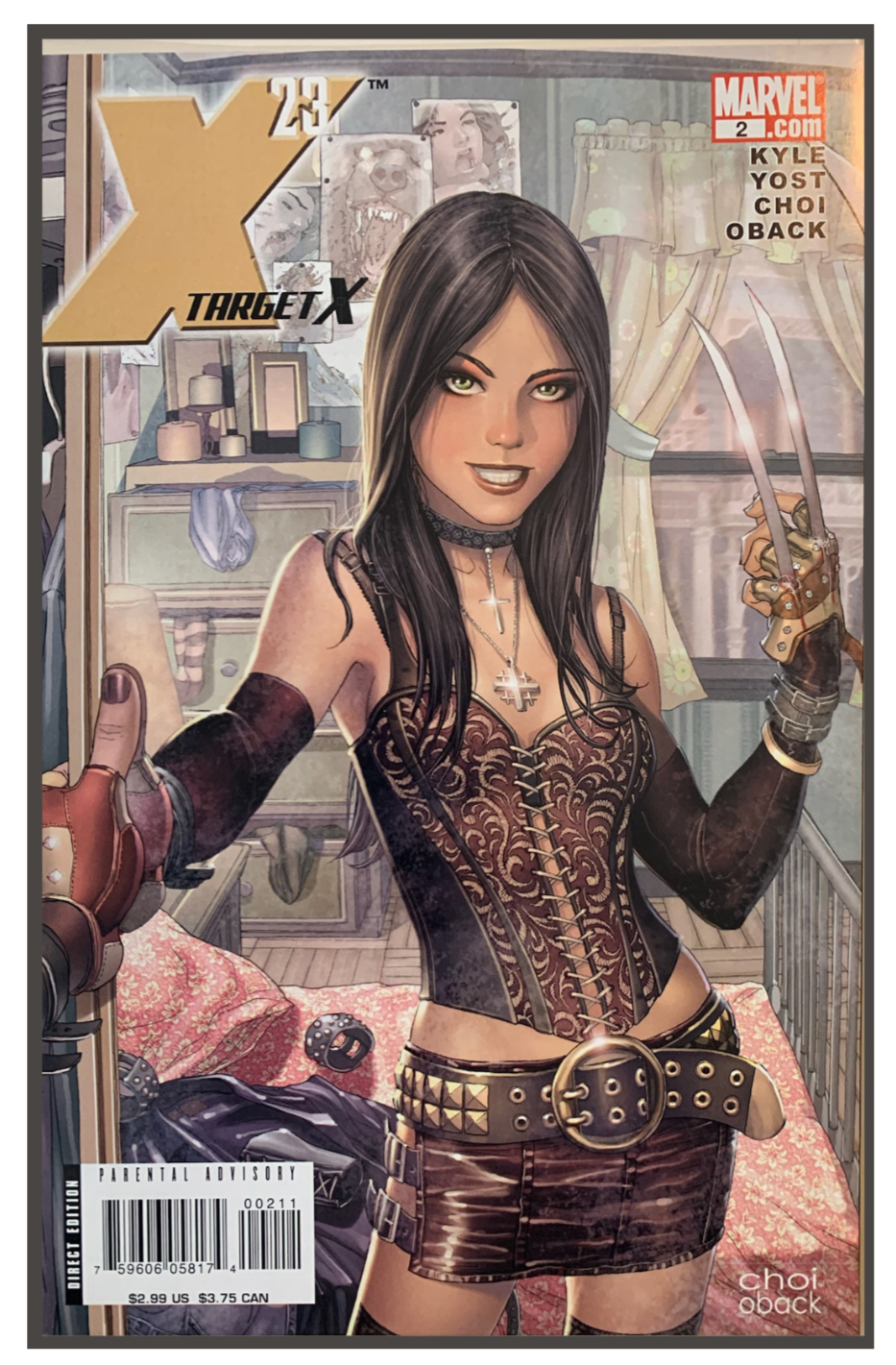 Comic book cover featuring X-23 with her claws out dressed in a leather-like outfit with a belt and boots.