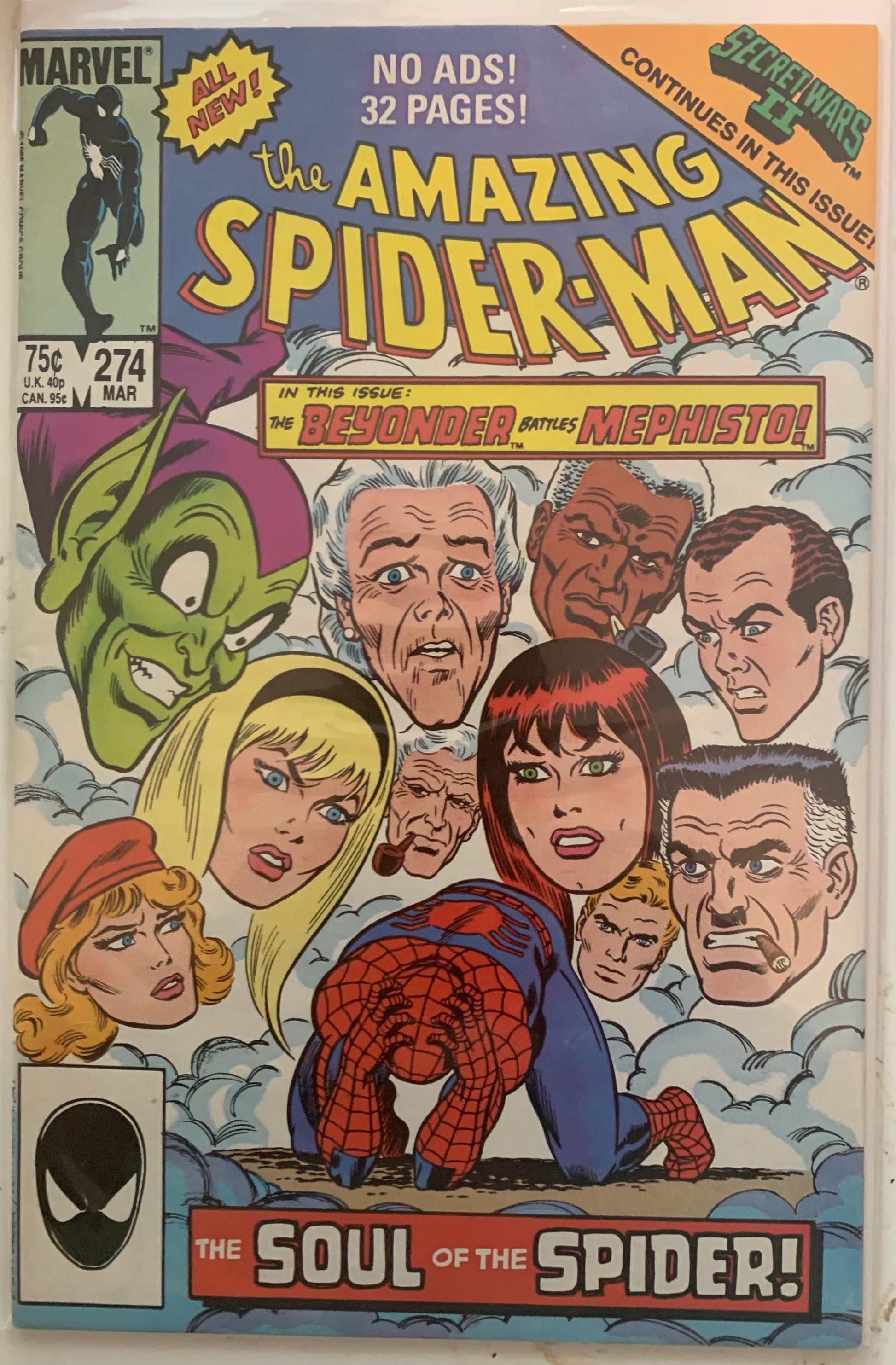 Vintage Comic book cover of 'The Amazing Spider-Man' featuring multiple characters and text. Beyonder Battles Mephisto! The Soul of the Spider!