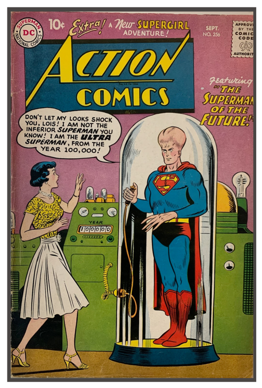 Cover of Action Comics no.256 featuring Superman with an enlarged brain standing inside a glass case, with Lois Lane in a white dress talking to him.