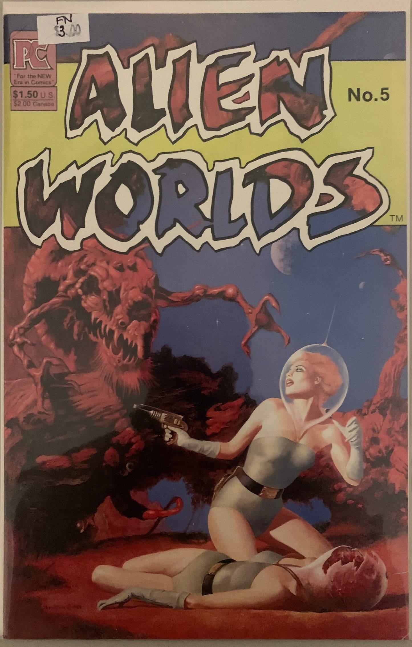 Vintage Comic book cover titled 'Alien Worlds' featuring a creature and a woman with a gun.