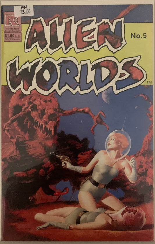Vintage Comic book cover titled 'Alien Worlds' featuring a creature and a woman with a gun.