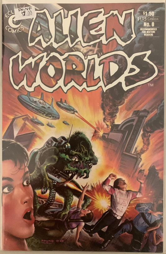 Vintage Comic book cover titled 'Alien Worlds' featuring a creature and people in a dramatic scene.