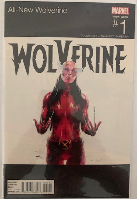 Comic book cover of 'All-New Wolverine' with a stylized depiction of X-23 covered in blood.