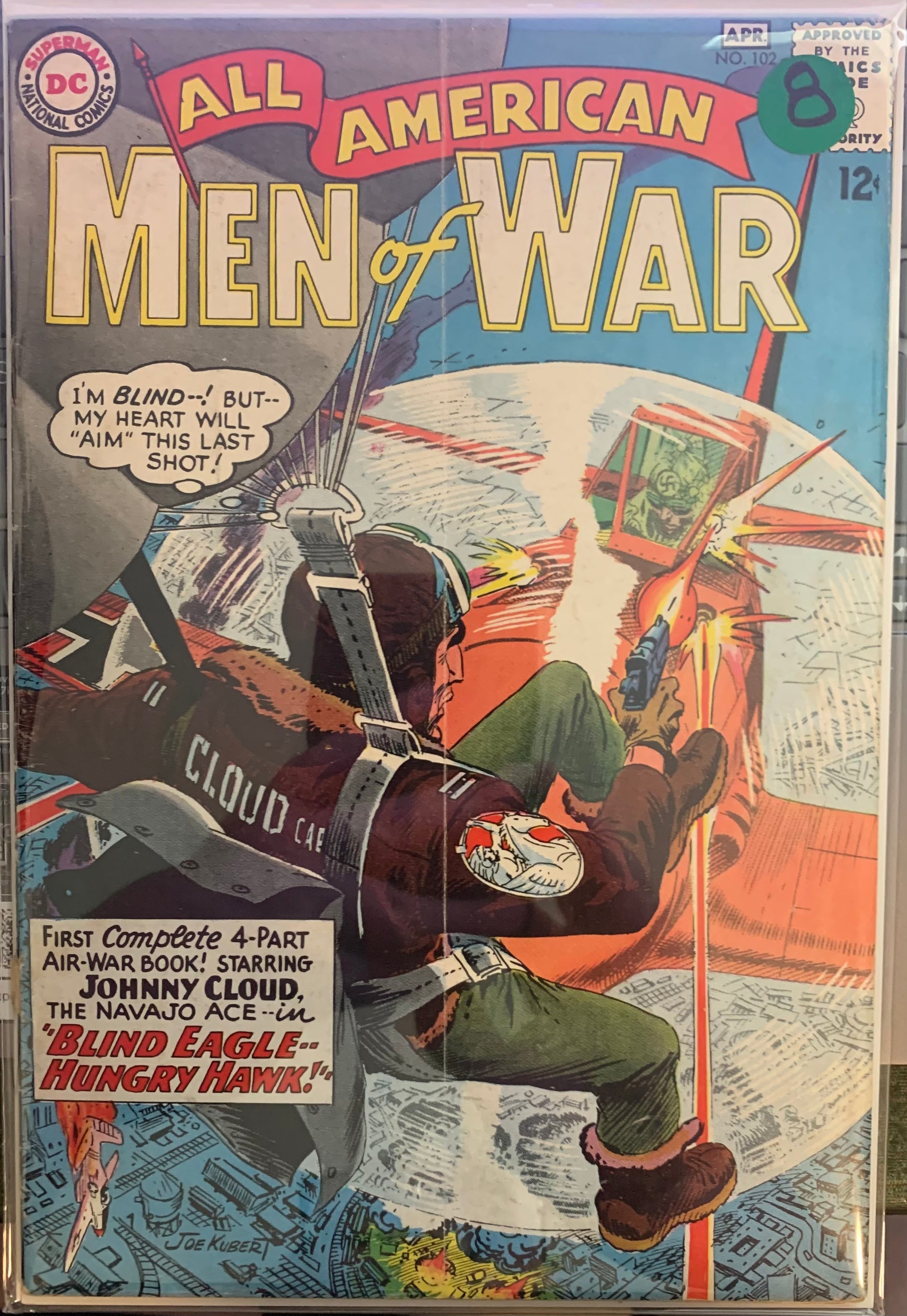 Vintage Comic book cover titled 'All American Men of War' featuring a character parachuting into a spinning airplane propeller blade.