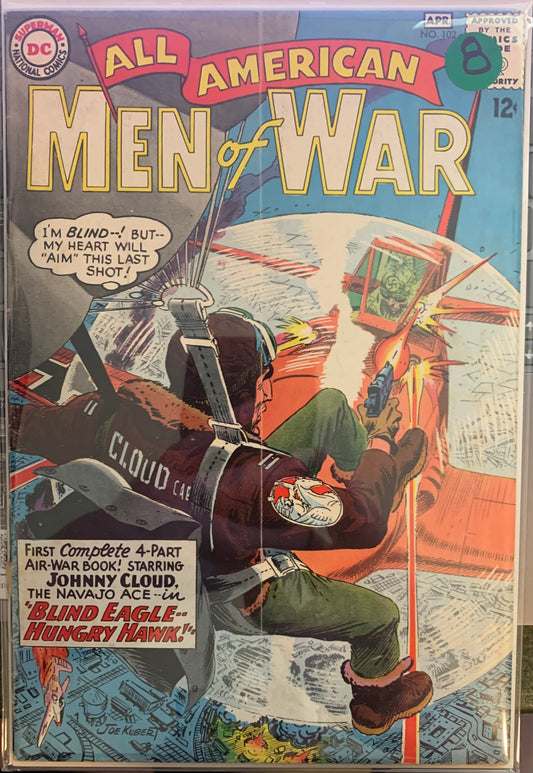 Vintage Comic book cover titled 'All American Men of War' featuring a character parachuting into a spinning airplane propeller blade.