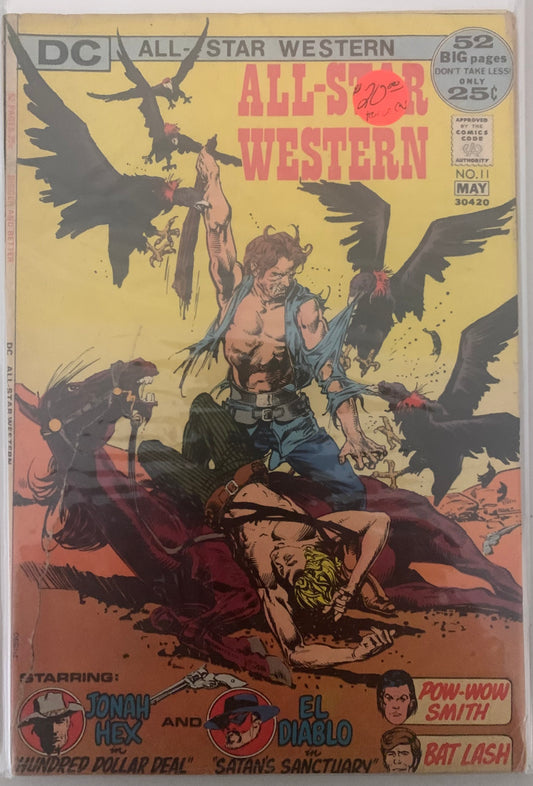 Vintage Comic Book Cover with Jonah Hex protecting a frantic horse and a helpless victim from attacking vultures. 