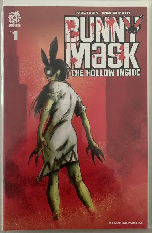 Comic book cover of 'Bunny Mask: The Hollow Inside' with a red background and character with bloody clothes, a bunny mask, glowing eyes and bloody claws. 