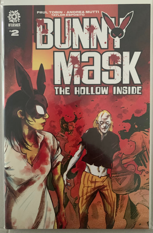Comic book cover titled 'Bunny Mask: The Hollow Inside' with a character with bloody clothes, glowing eyes  and a bunny mask looking at another character with a red background.