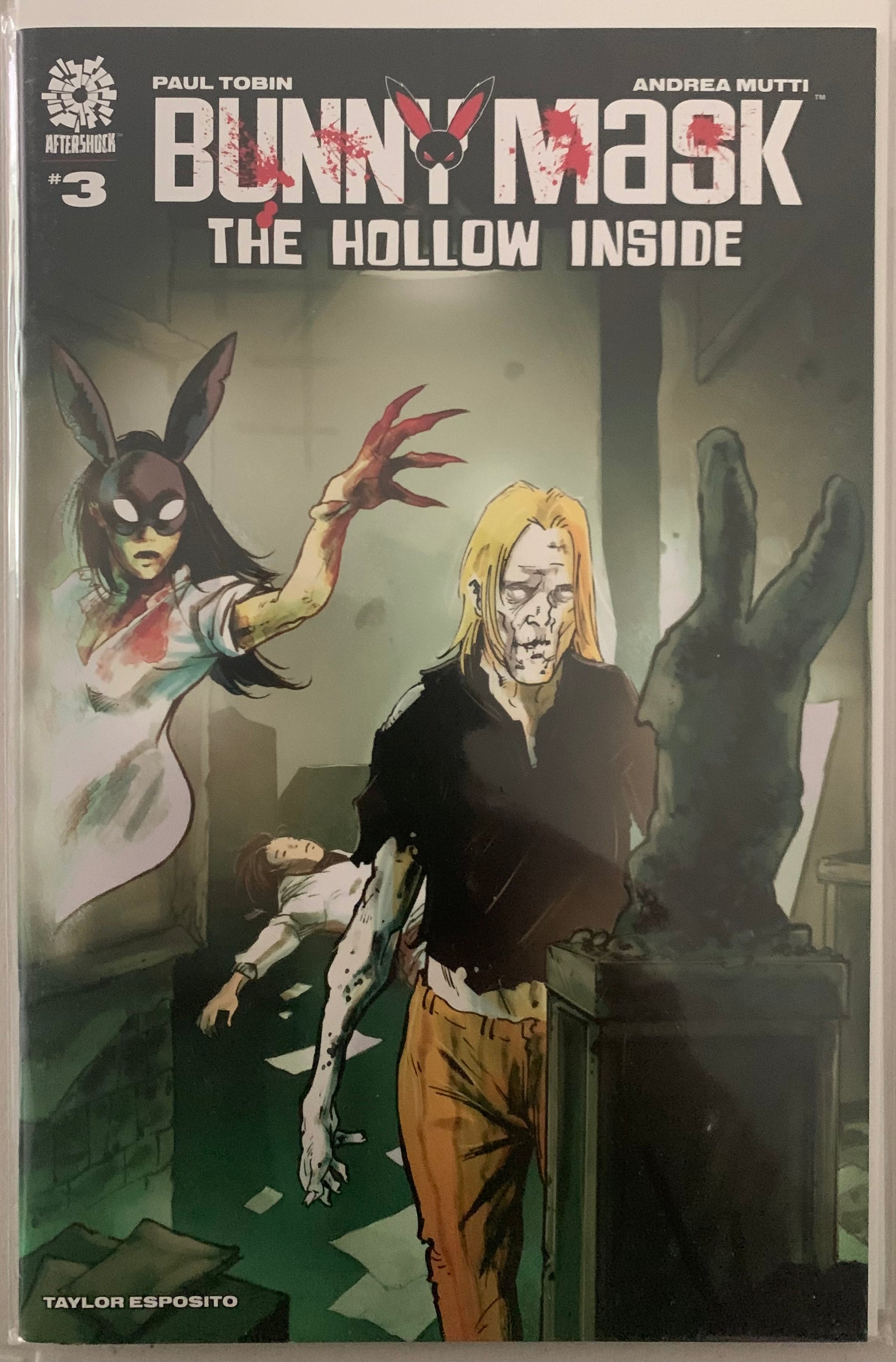 Comic book cover titled 'Bunny Mask: The Hollow Inside' with a character with bloody clothes, a bunny mask, and a bloody claw reaching for an unsuspecting character. There's a body in the background. 