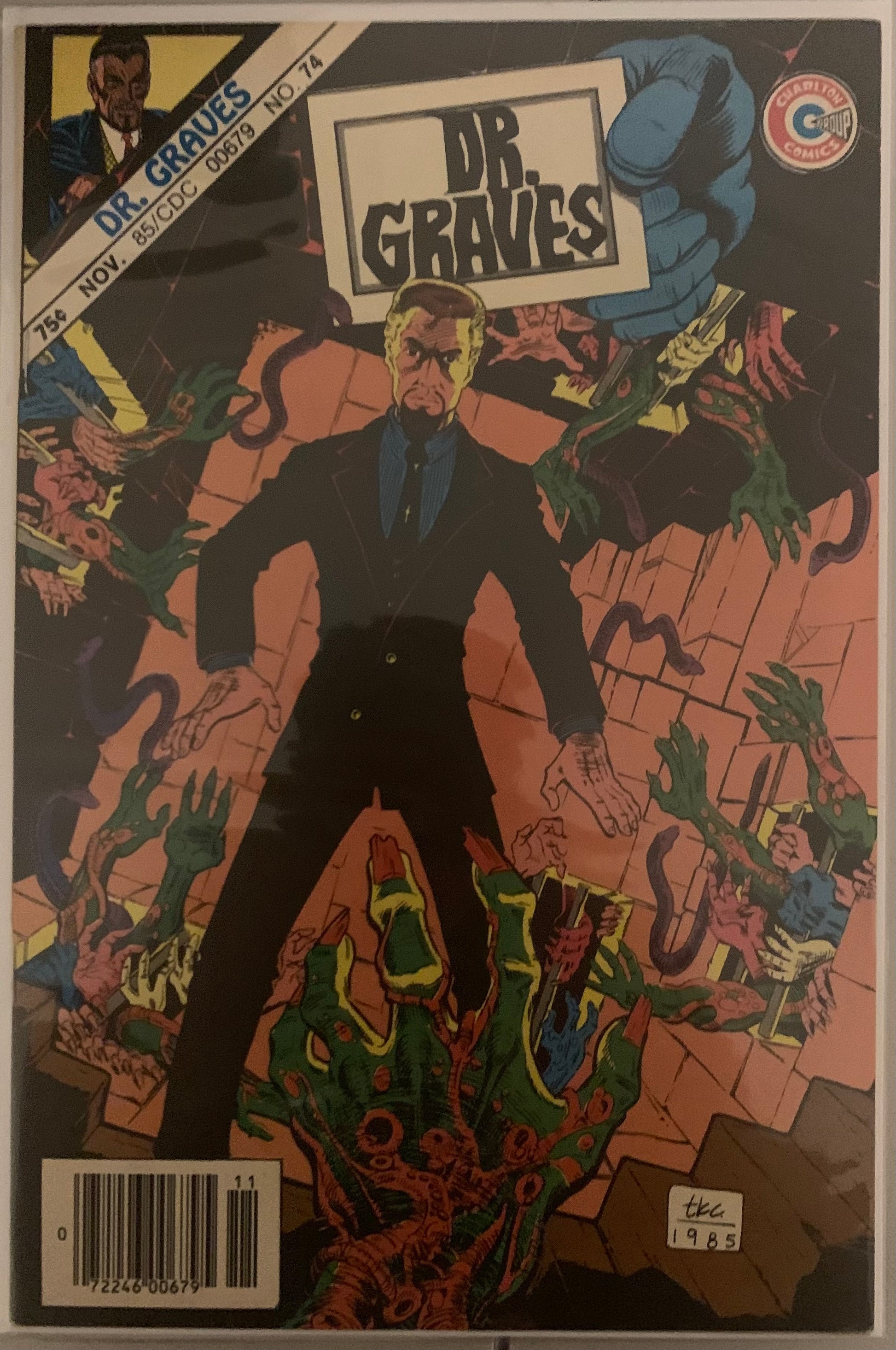 Vintage Comic book cover featuring Dr. Graves with a dark background, monster hands closing in from every side, and colorful elements.