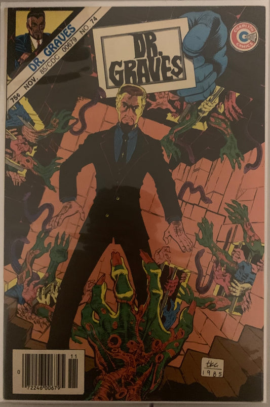Vintage Comic book cover featuring Dr. Graves with a dark background, monster hands closing in from every side, and colorful elements.
