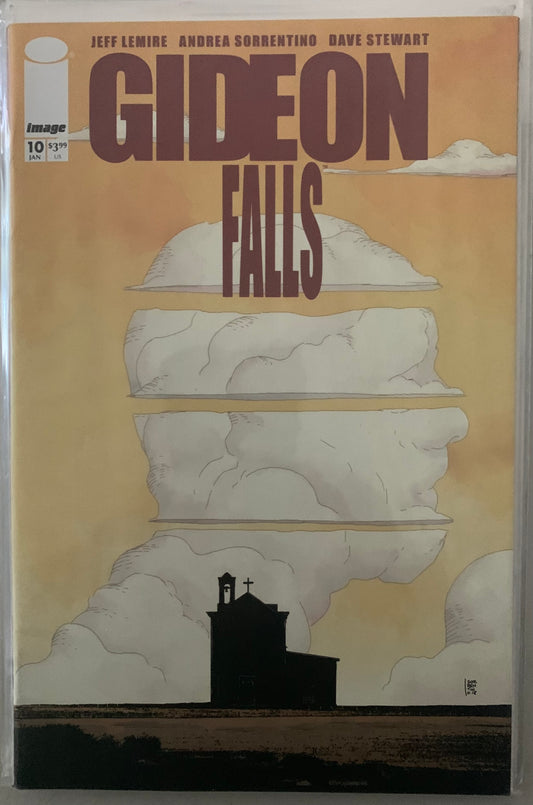 Comic book cover of 'Gideon Falls' with a beige background and silhouette of a church. The Clouds form the shape of a man's head. 