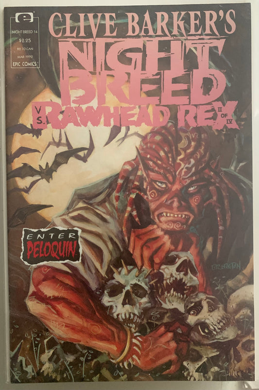 Comic book cover featuring a creature with glowing eyes and skulls, titled 'Clive Barker's Nightbreed vs. Rawhead Rex'.