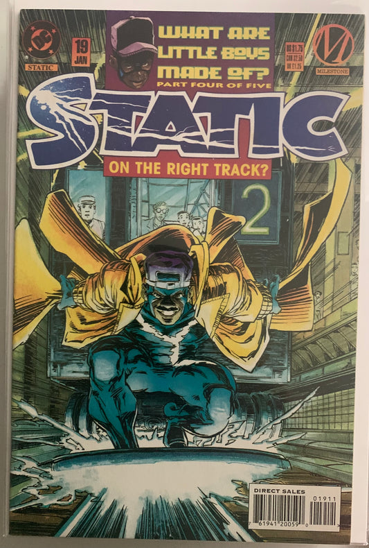 Comic book cover featuring a superhero character with text 'What Are Little Boys Made Of? Static on the Right Track?'