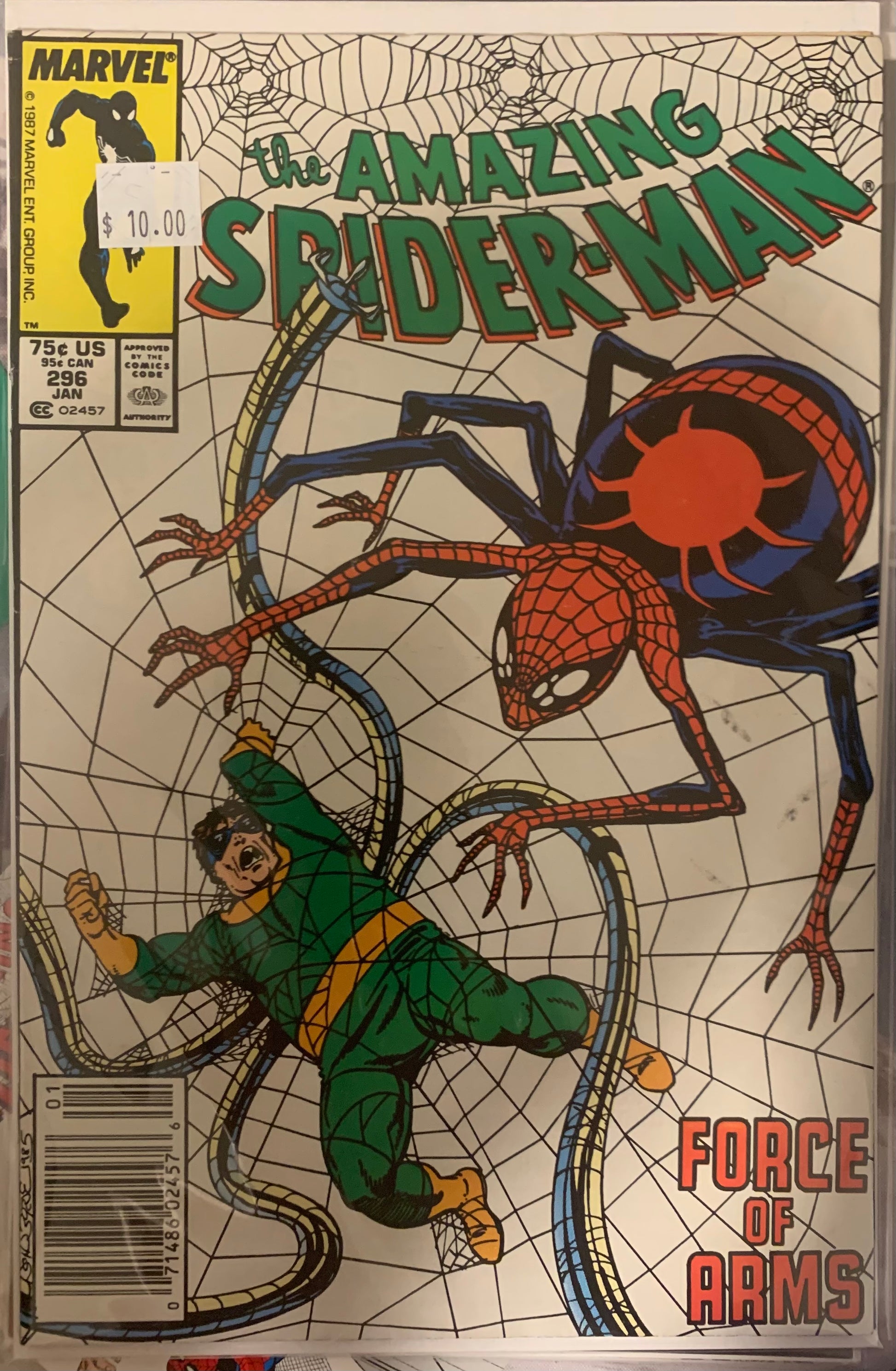 Comic book cover of 'The Amazing Spider-Man' with Spider-Man and a green superhero on a spider web background.