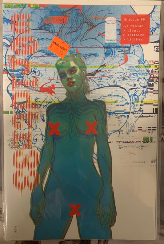 Artistic depiction of a figure with red 'X' marks on a colorful abstract background.