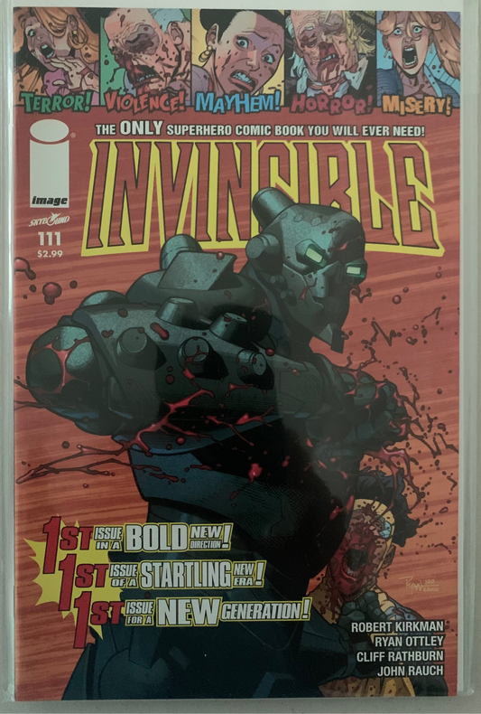Comic book cover titled 'Invincible' with a villain attacking a bloodied Mark in a dynamic pose on a red background. 
