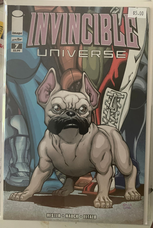 Comic book cover featuring a bulldog with a mustache and the title 'Invincible Universe'.