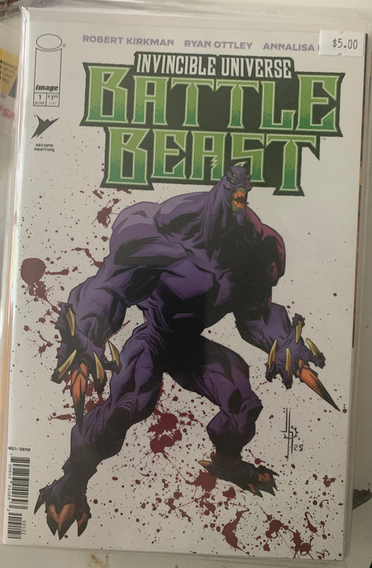 Comic book cover of 'Battle Beast' from the Invincible Universe series, featuring a purple creature with sharp claws on a bloody white background.